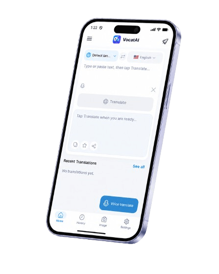 VocatAI app on a phone — translate text and voice between languages